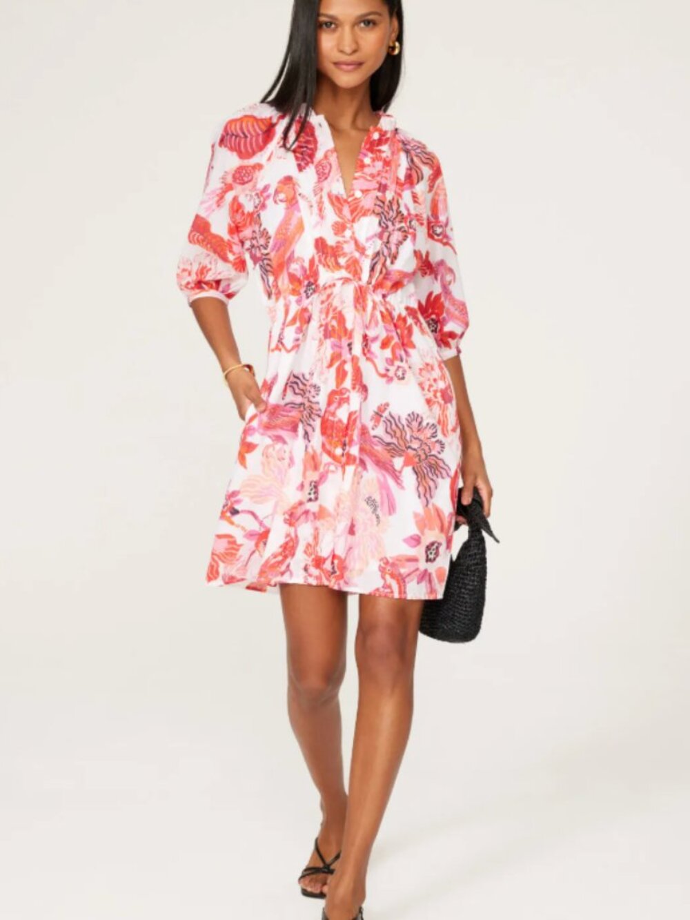 Banjanan Benita Dress Midi Floral Pleated 100% Cotton Pockets Ruffle White Large
